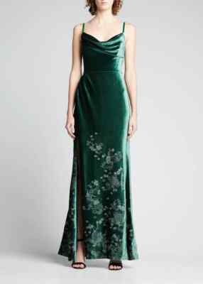 Marchesa Notte Cowl-Neck Embroidered Velvet Gown Dress Green Size
