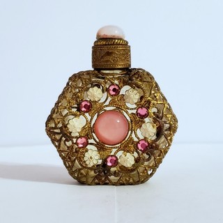 Vintage Czech Brass Filigree Perfume Bottle Pink Opal Accents