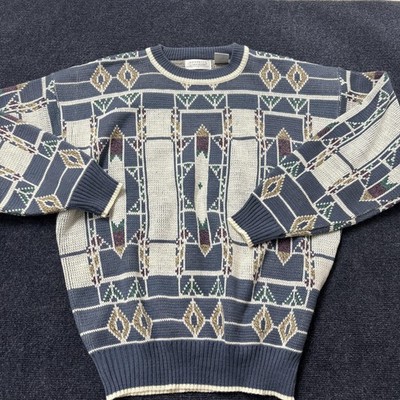 Vintage Hennessy By Van Heusen Sweater Mens XL Blue Geometric Knit Pullover