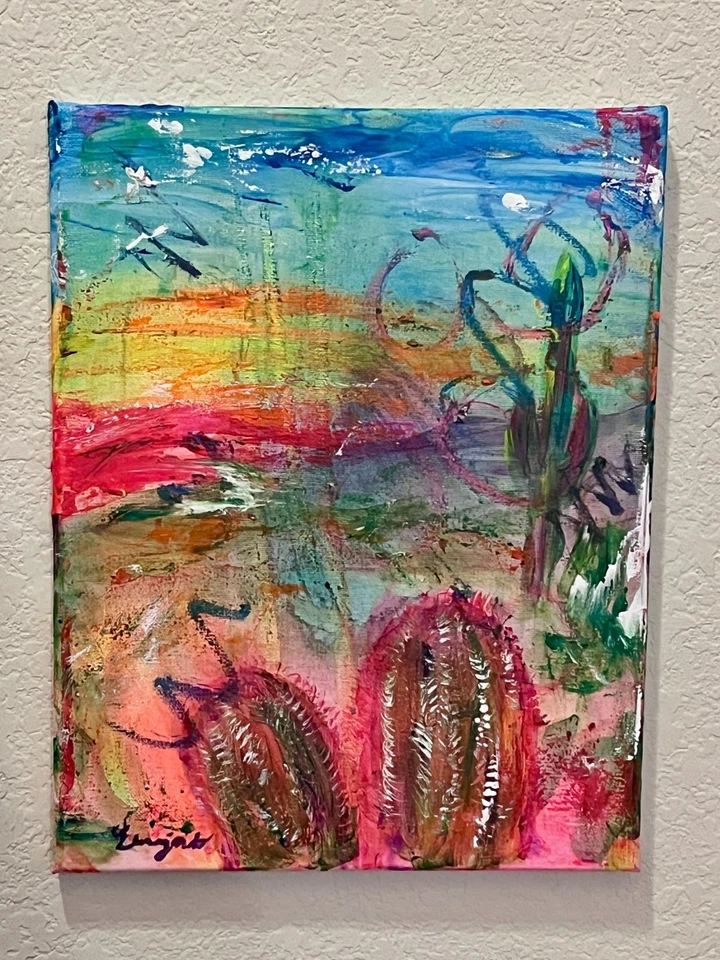 瓜哈多原版表现主义霓虹沙漠仙人掌 14X11 帆布签名艺术 — 第 2/4 张图片