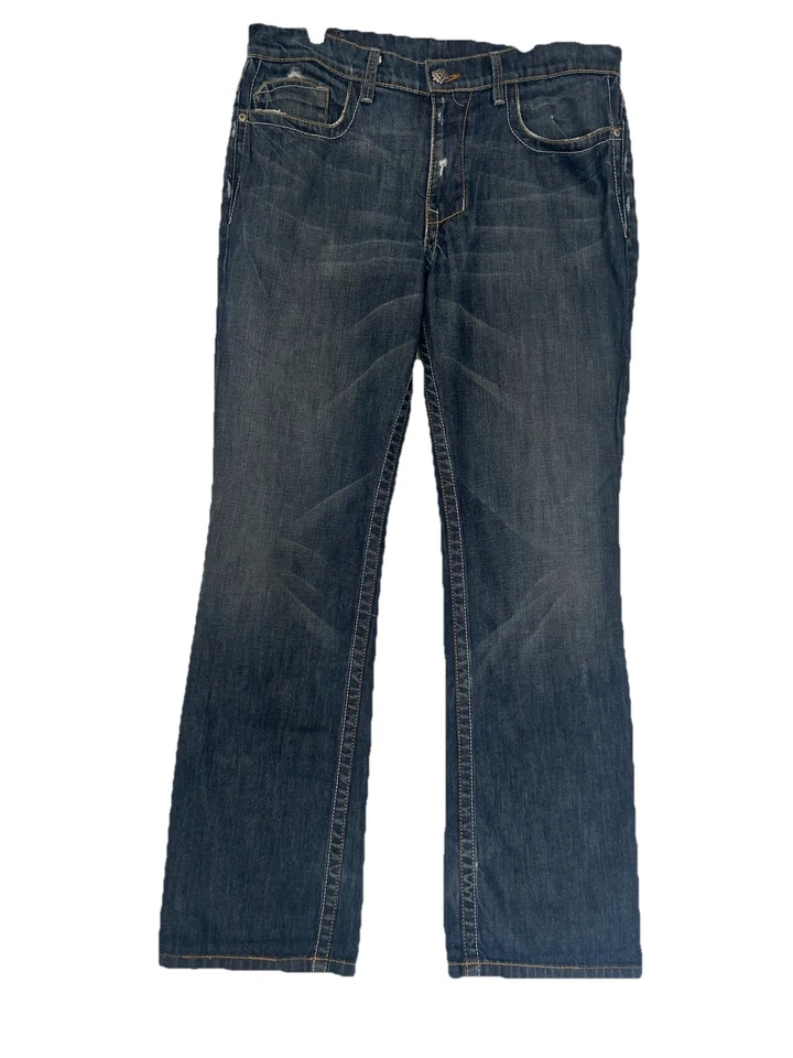 Jeans bootcut Monarchy Atelier bordado desgastado aba bolso tamanho 36 x 32 - Imagem 2 de 4