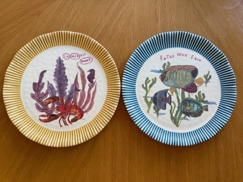 Anthropologie Nathalie Lete By the Sea Dinner Plate Set of 2 Lobster Fish