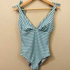 Time Tru Striped One Piece Swim Suit Lined Shoulder Ties Green Blue Size M