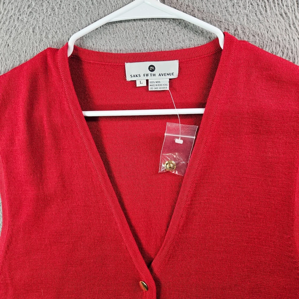 NUEVO DE COLECCIÓN Chaleco Largo Saks Fifth Avenue 100% Lana Mujer Grande Dorado Botón Rojo Foto 3 de 4