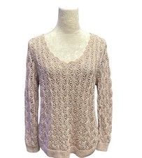 LOFT Petites XS Beige 100 Cotton Open-Knit Lightweight Scoop Neck Sweater