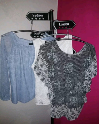 3x Gr. L Set Maurices Bluse Shirt Blusenshirt Longshirt Vila Blau Floral Spitze 