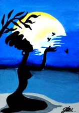 Aceo original hand painting miniature art card,women art,landscape,Signed