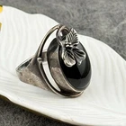 Large Art Nouveau Style Black Onyx Stone 925 Silver Ring Floral Size 9.75-10 VTG