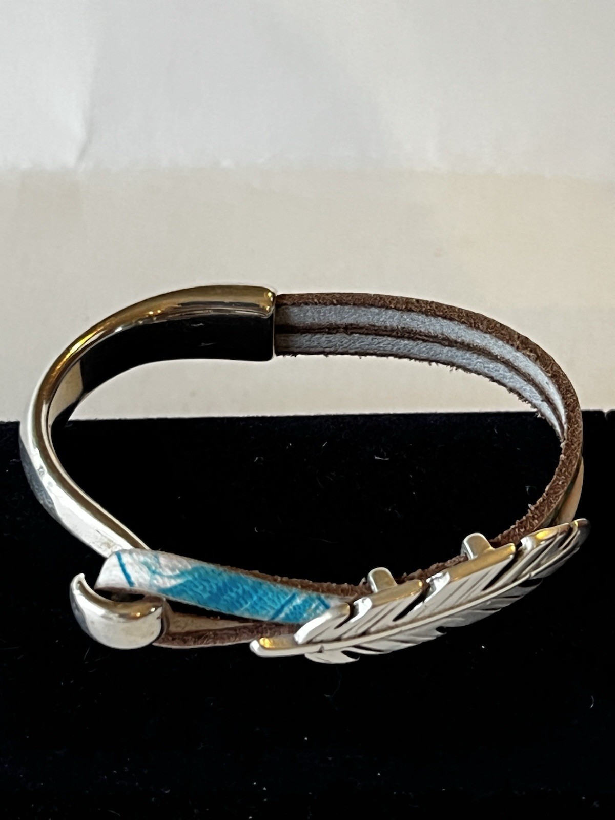 Silvertone Feather Leather Wrap Cuff Bracelet Boh… - image 4