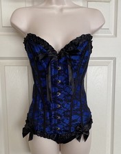 Blue  Black Floral Lace Overlay Satin Whimsigoth Corset Bustier Lace-Up Top  L