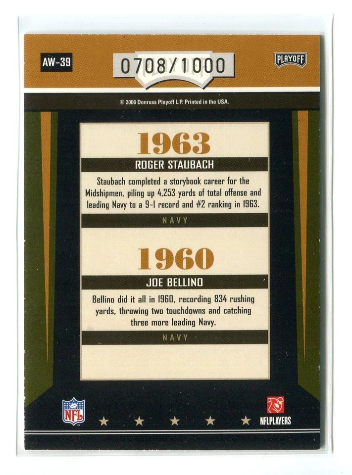 2006 Playoff Contenders Award Winners Roger Staubach Joe Bellino NAVY 0708/1000 - Image 2 of 2