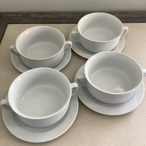 Williams Sonoma  White Double Handle Soup/Chili Bowl w/ Underplate Set Of 4 READ