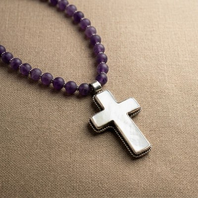 Desert Gypsy Amethyst Necklace   Amethyst Beads with Hand-Carved Cross Pendant