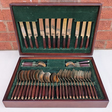 Vintage Mid Century Rosewood and Brass Cutlery Set 46 Piece In Wooden Case
