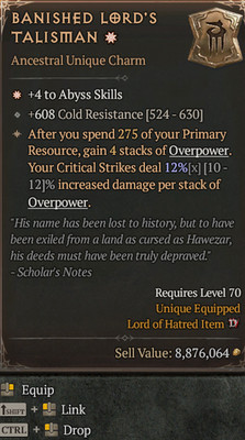 Charm Banished Lord's Talisman 4 to Abyss Affix Max roll 12% Diablo 4 S13