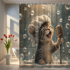 Cute Cat Singing Shower Curtain - Fun Bathroom Decor