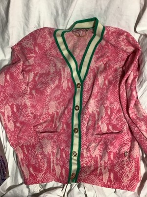 JUICY COUTURE Y2K PINK PYTHON PRINT 100% WOOL CARDIGAN SWEATER SIZE MEDIUM, NICE