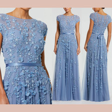 NWT Mac Duggal 10 14521 Floral Embellished Short Sleeve Mesh Gown Blue S1971
