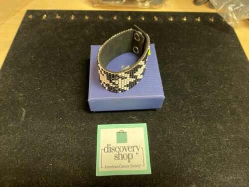 Vintage Swarovski Black & White Beaded Wide Cuff Bracelet 7.75" w/ Box DS30