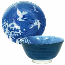 Japanese Chinese Rice Soup Bowl 5.25"D Porcelain Tsuru Crane Wave Made in Japan
