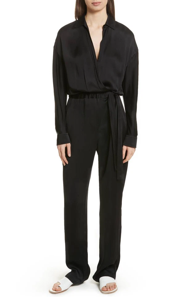 VINCE Negro Satinado Cintura Corbata Envoltura Sedoso Elastizado Manga Larga Pantalones Mono L 12 Foto 2 de 4