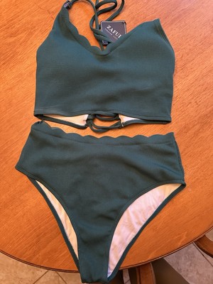 NEW W/Tags Zaful Swimsuit Scalloped Edge Ribbed Stretch Sz Small 2 Piece Bikini