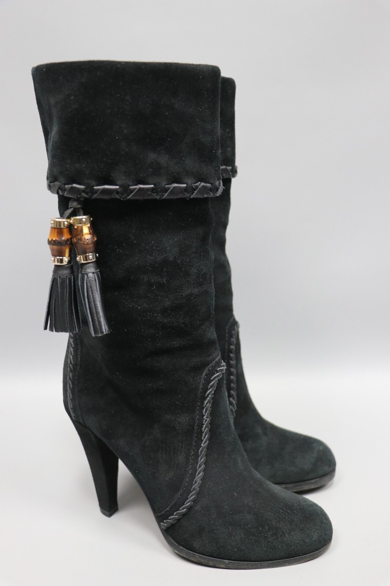 GUCCI Bamboo Black Suede Leather Block Heel Mid-Calf Boots Womens