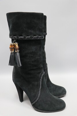 GUCCI Bamboo Black Suede Leather Block Heel Mid-Calf Boots Womens Sz 36.5/US 6.5