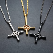 Halskette Anhänger Umgedreht Kreuz Pentagram Satan Punk Edelstahl 62cm Kette