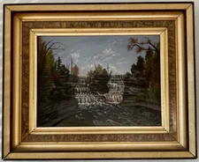 ANTIQUE 19TH C LANDSCAPE WATERFALL IMPRESSIONIST OIL PAINTING OLD HUDSON RIVER