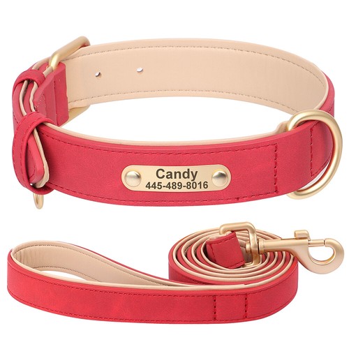 Personalised Dog Collar and Leash set Padded Leather with Metal Custom ID Tag - Picture 5 of 16