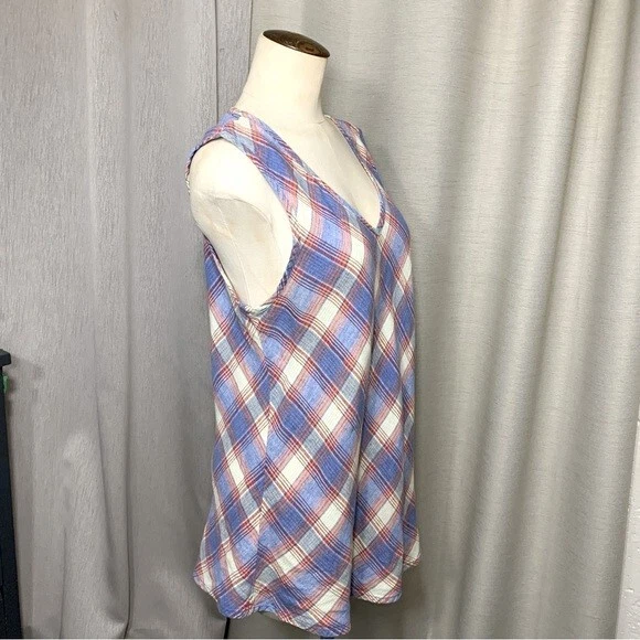 Flax 100% Linen Tunic Tank Top Blouse Sz M Plaid Blue Cream Red Sleeveless Cami Foto 4 de 4