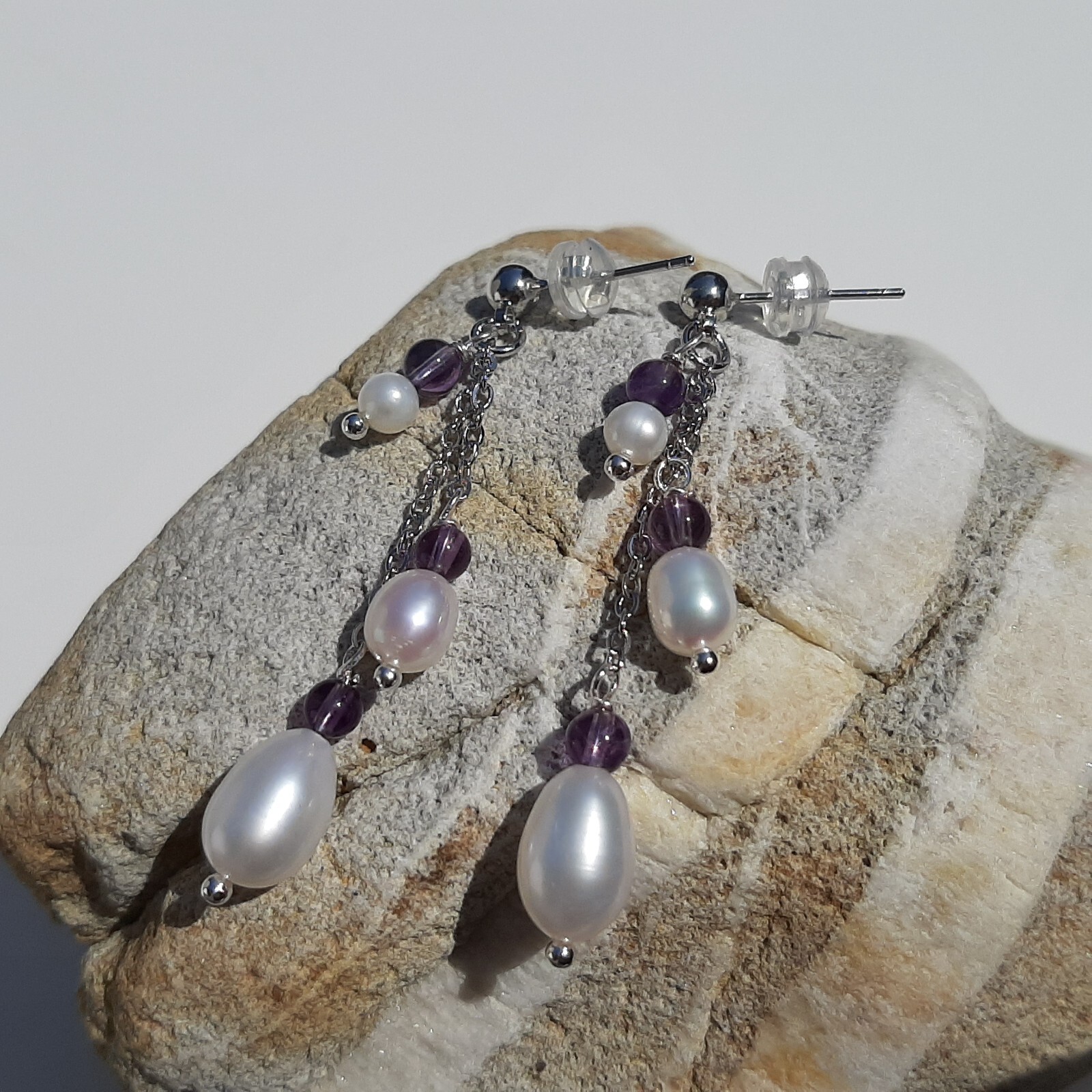 Boucles d'oreilles améthyste et perles de culture en argent 925 véritable