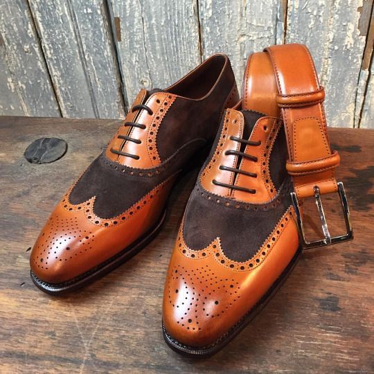 Handmade Mens Tan brown wingtip Leather Dress shoes, Men brogue formal shoes