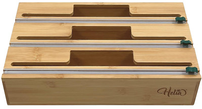 HELIA Bamboo Kitchen Wrap Organizer | Wall Mounting Foil and Plastic dispenser