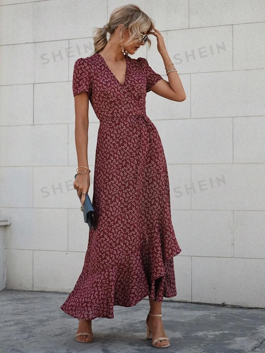 SHEIN LUNE Allover Floral Print Knot Side Ruffle Hem Wrap SHEIN LUNE Allover Floral Print Knot Side Ruffle Hem Wrap
