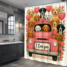 Cute Pink Dog Shower Curtain with Roses and Hearts