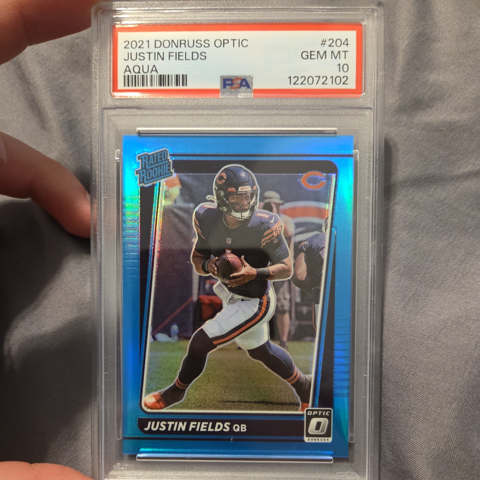 JUSTIN FIELDS PSA 10 2021 PANINI DONRUSS OPTIC #204 ROOKIE AQUA RC /299 BEARS