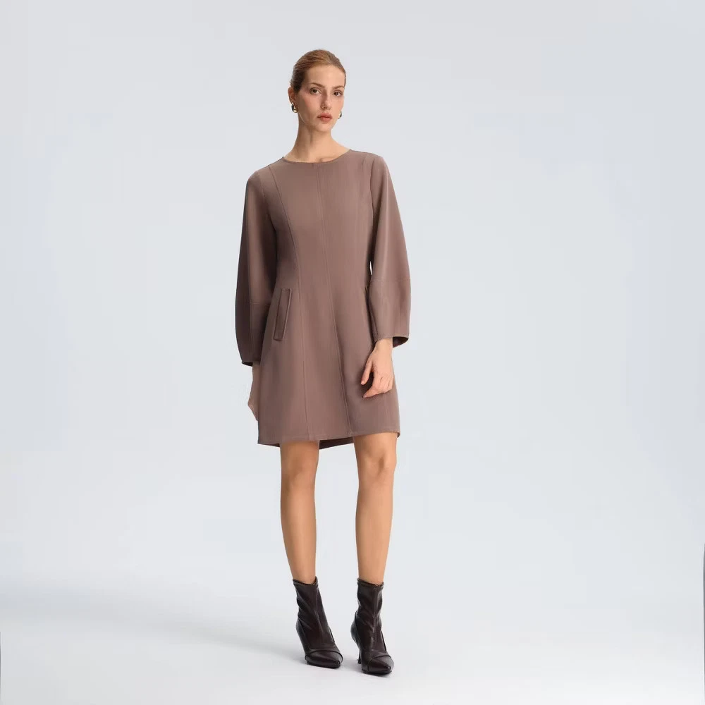 women's brown dress with sleeves A line long sleeves brown linen dress for spring 1700# main image 0