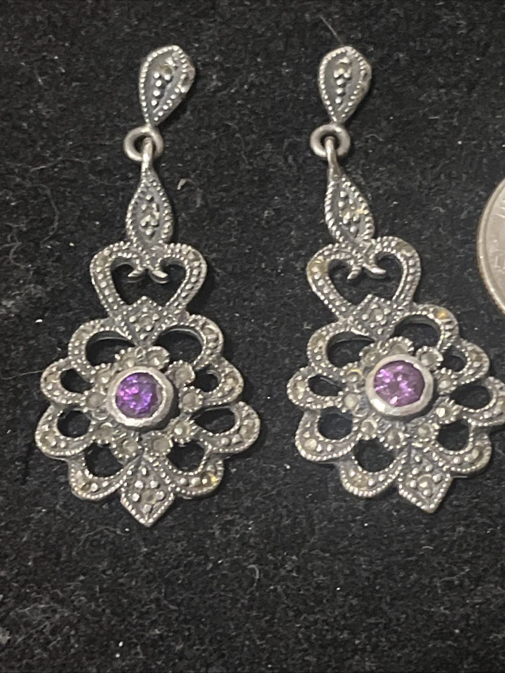 Pendientes vintage de marcasita .925 con piedra morada Foto 3 de 4