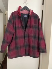 Men's Hooded Jacket Plaid Med Weight Maroon Flannel Lined Long Sleeve XL