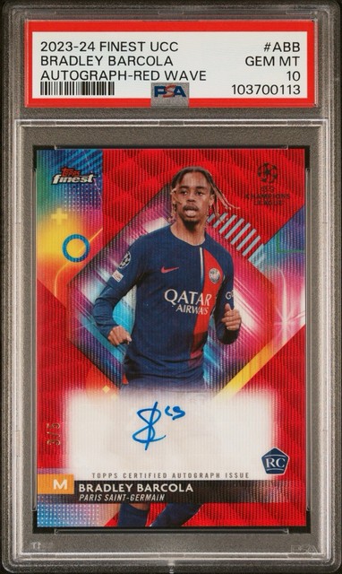 2023-24 Topps Finest UEFA Bradley Barcola Red Wave Rookie AUTO /5 RC PSA 10