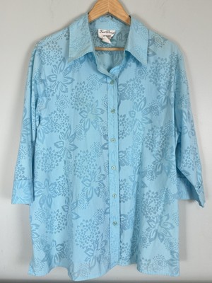 Fred David Womens 1X Blue Floral Button Up Shirt 3/4 Sleeve Spring Blouse Pastel