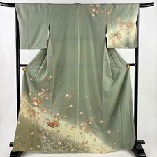 JAPANESE KIMONO HOMONGI GREY-GREEN 166.5cm 5 ft 6 in PURE SILK FF9056