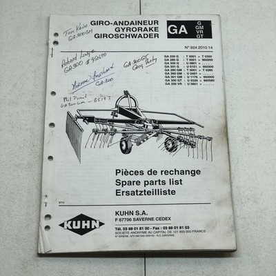 Kuhn GA280 230 300 301 G Gm Vr Gt Gyrorake Hay Rake Parts Manual