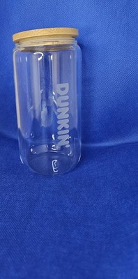 Dunkin 12oz Glass with wood lid and glass straw. Straw Cleaner Is Included! 