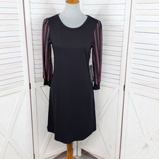Luxology Dress Women XS Black Red Jersey Knit Sheer Striped Long Sleeve Shift