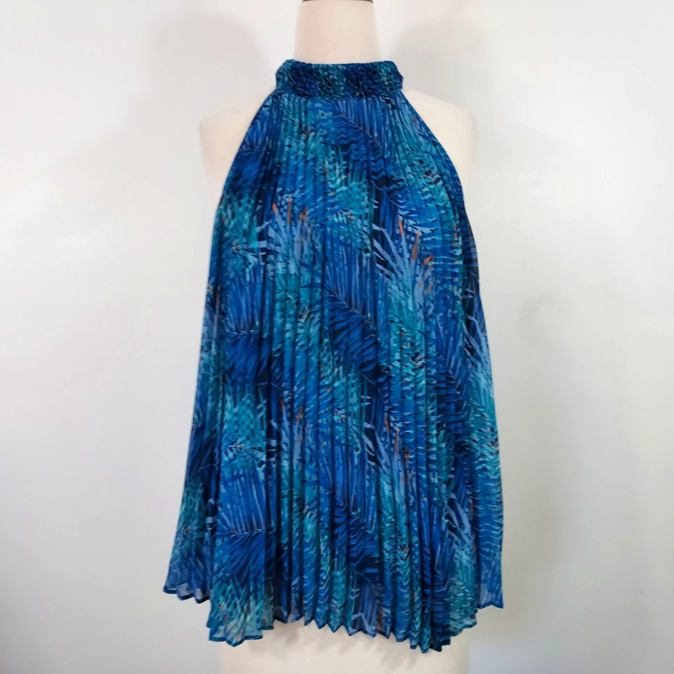 Jennifer Lopez Flowy Pleated Shirt Top Womens Plus 0X Sleeveless Blue Green JLO - Image 2 of 4