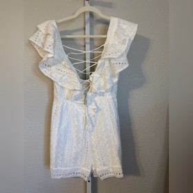 Choosy White Eyelet Lace Up Ruffle Romper Cotton Boho Summer Size Small
