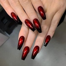Press on Nails Coffin Medium Long Fake Nails with Ombre Designs Ombre Red Black